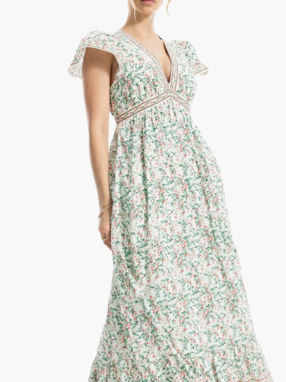 Max Studio Cream Maxi Dress with Pink & Green Floral Trim
